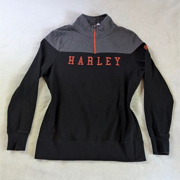 Harley Davidson Quarter Zip Sweatshirt Women's Medium/Large Black Gray Logo - Picture 2 of 9